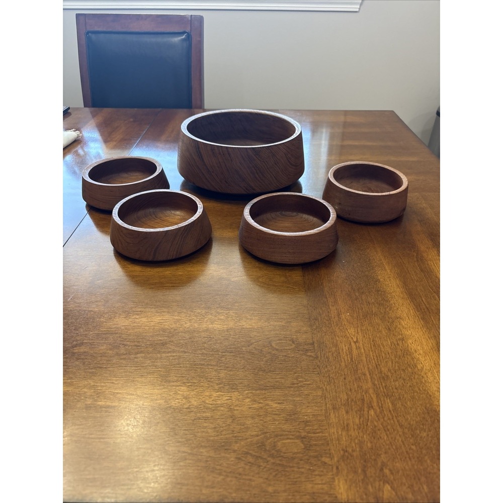 Set of 5 vintage Dolphin MCM brown wooden teakwood salad bowls 1 large 4 small